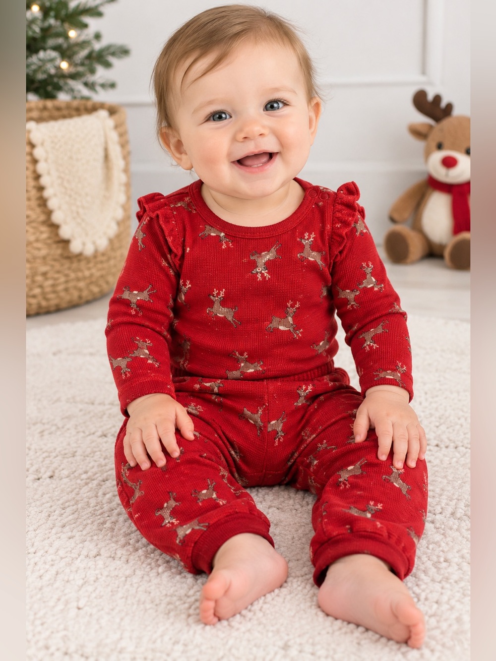 Old Navy Baby Reindeer 2-Piece Set Red Long Sleeve Bodysuit Pants 6-12M